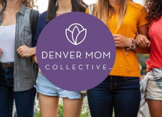 women linking arms with Denver Mom Collective logo overlay