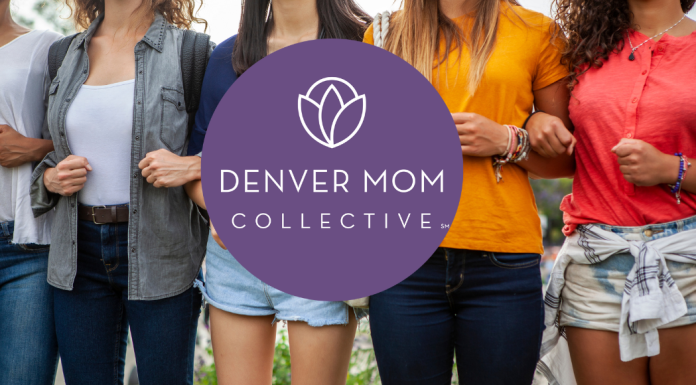 women linking arms with Denver Mom Collective logo overlay