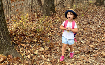 little girl hiking in leaves