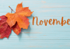 fall leaves against blue wood background and November test