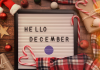 sign that says Hello December with plaid, candy canes and stars around the border.