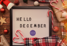 sign that says Hello December with plaid, candy canes and stars around the border.