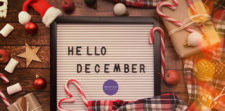 sign that says Hello December with plaid, candy canes and stars around the border.