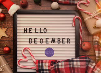 sign that says Hello December with plaid, candy canes and stars around the border.